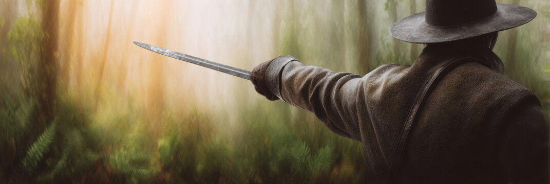 Civil war military commander pointing sword in misty forest, wearing wide brimmed hat and coat, dramatic atmosphere, historical scene, leadership, determination