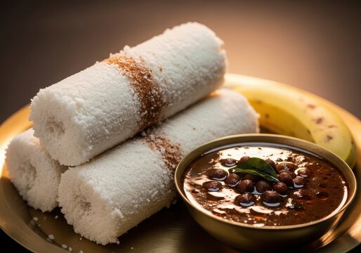 Traditional kerala breakfast puttu with kadala curry and banana