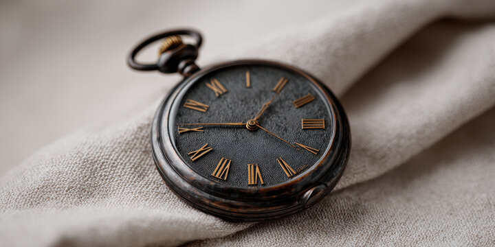 Weathered historical pocket watch with gold Roman numerals, vintage style, close up on textured fabric, antique timepiece, nostalgic and elegant mood