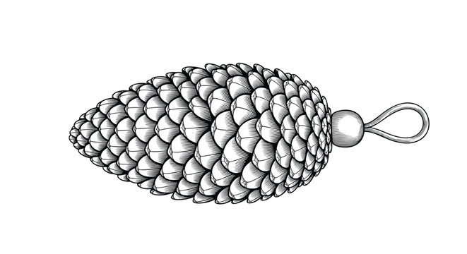 Intricate vintage style engraving of pine cone with metal loop for use as traditional rustic christmas decoration.