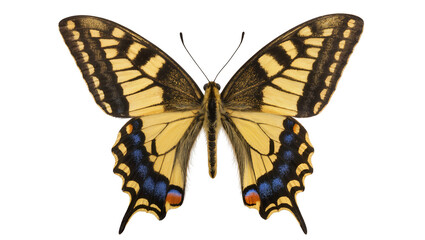 Yellow swallowtail butterfly with black markings and blue spots © Ari