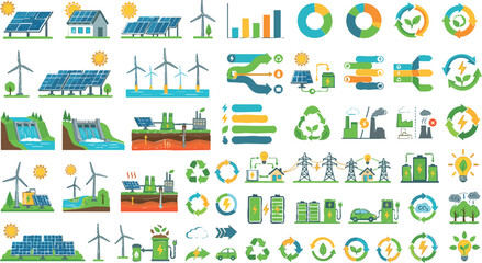Naklejka premium Renewable Energy and Clean Power Collection with Solar Panels, Wind Turbines, Energy Storage, Electric Mobility, Smart Grid, and Sustainability Icons
