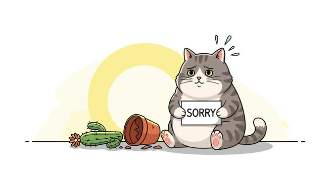 Cute apologetic cat holding sorry sign next to broken ceramic pot and spilled cactus on floor with sad expression.