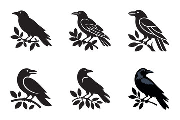 Fototapeta premium Six black birds on branches with leaves vector illustrations