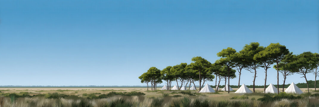 Historical camp tent tree grass landscape blue sky nature outdoor summer peaceful field wilderness rural horizon travel adventure scenic tranquil green environment meadow countryside forest shade