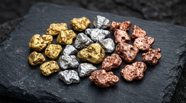 Assortment of raw gold, silver, and copper nuggets on dark stone surface.