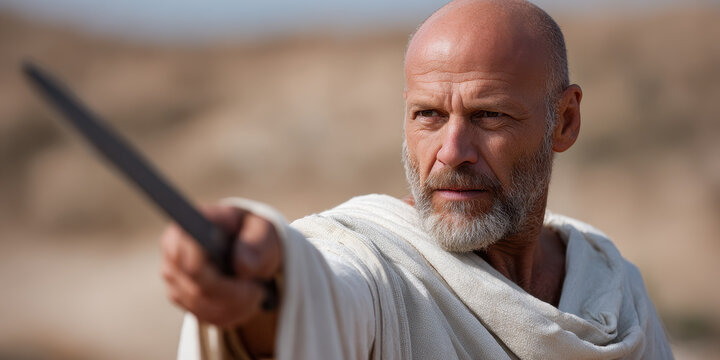 Historical army commander pointing sword forward determined expression bald middle aged man white robe outdoor desert background leadership ancient warrior intense focus