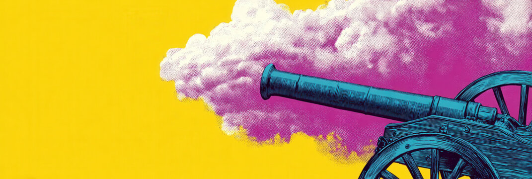 Vintage cannon firing smoke yellow background pink cloud blue illustration retro artillery dramatic Vintage cannon firing with dramatic pink smoke cloud vibrant yellow background blue artillery