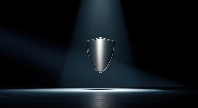 Gleaming metallic shield illuminated by spotlight against dark background