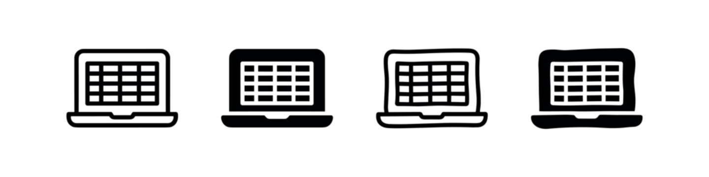 Mobile phone with data grid interface black and white icon set. Spreadsheet and organized information symbols.
