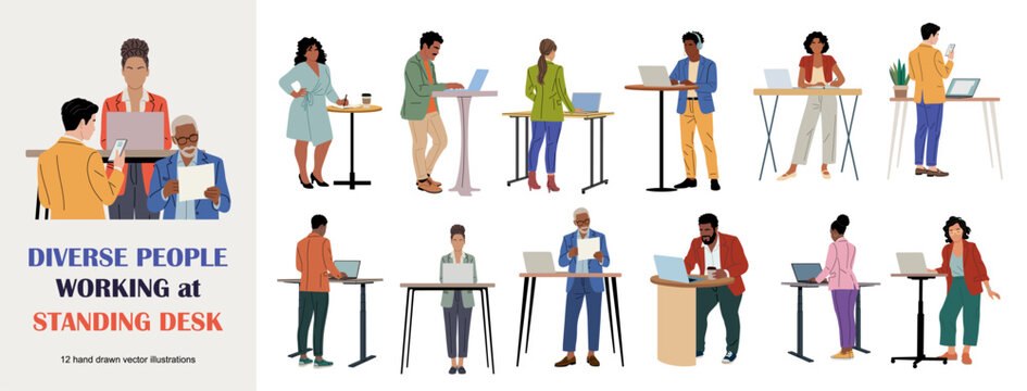 Diverse people working at standing desks in modern ergonomic workplaces. Inclusive office workers, seniors and disabled professionals using laptops in flexible work environments.