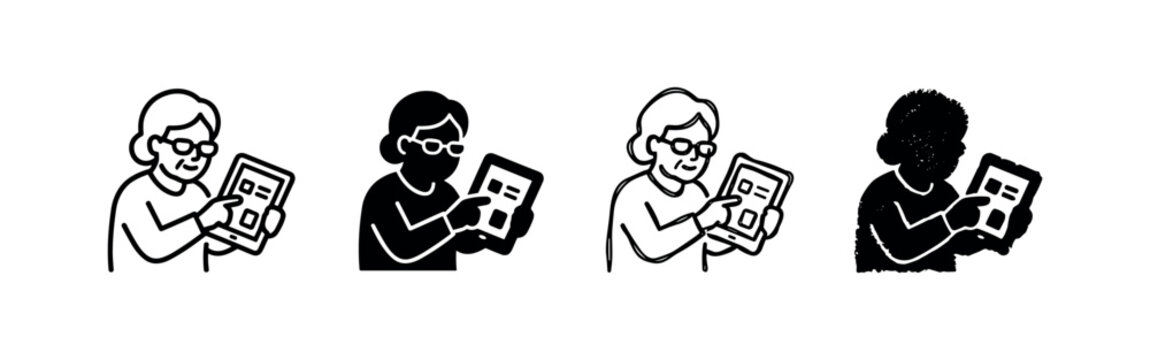 Elderly woman using a digital tablet black and white icon set. Senior tech use and digital literacy symbols.