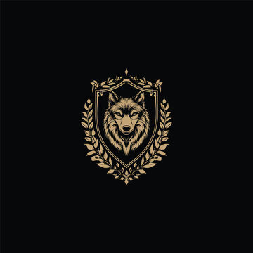 Wolf head illustration in vintage engraving style inside a heraldic shield crest with laurel wreath isolated on black background.