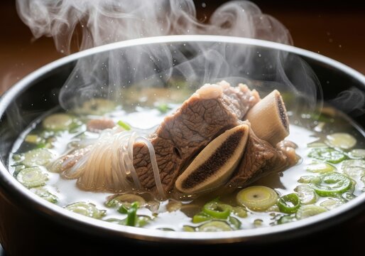 Steaming bowl of traditional korean galbitang beef short rib soup