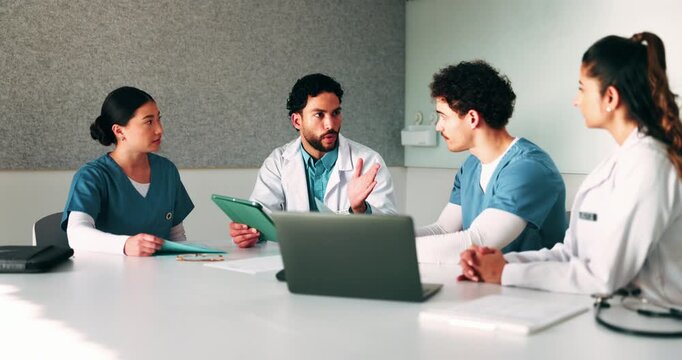 Tablet, meeting and advice with doctors in office for vaccine report, healthcare review and research. Medical workshop, disease protocol and team with people in hospital for treatment feedback