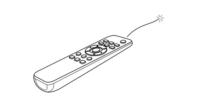 A sleek remote control with buttons and a wire is shown on a flat surface indoors.