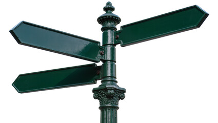 Green directional signpost with four blank arrow signs © Ari
