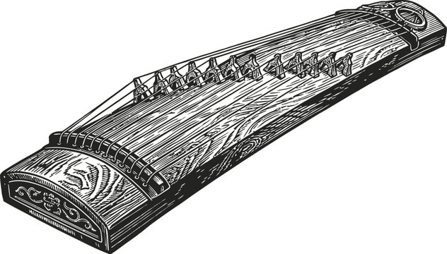Detailed sketch of an ancient zither or koto stringed instrument, wood grain texture, traditional music element