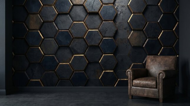 A dark blue armchair sits against a seamless geometric wallpaper featuring a 3d honeycomb texture and a hexagonal grid design