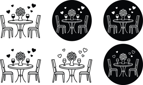 Romantic date dinner table icons set featuring line art illustration of chairs flowers wine glasses and hearts