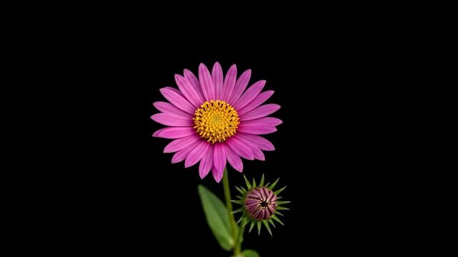A vibrant purple aster flower blooming next to a closed bud on black background