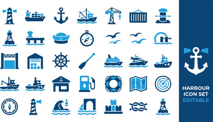 Editable vector icon set for maritime, port, and nautical themes with shipping and travel elements © Iconesia Studio