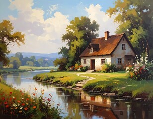 Obraz premium A serene house by a river with lush greenery and vibrant flowers