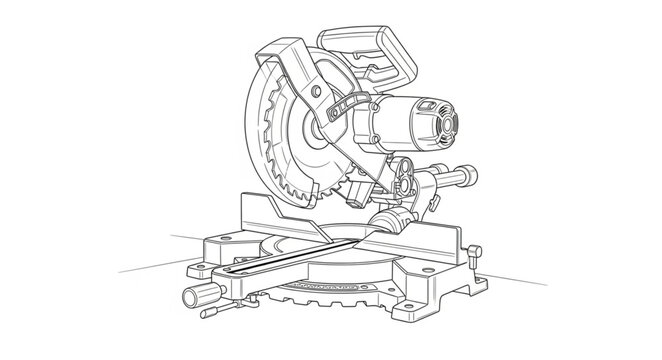 A detailed 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 illustration of a compound miter saw on a workbench in a workshop
