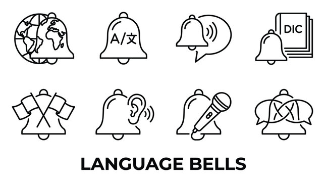 Language bells icon set line art representing global communication and translation services multilingualism voice and text.