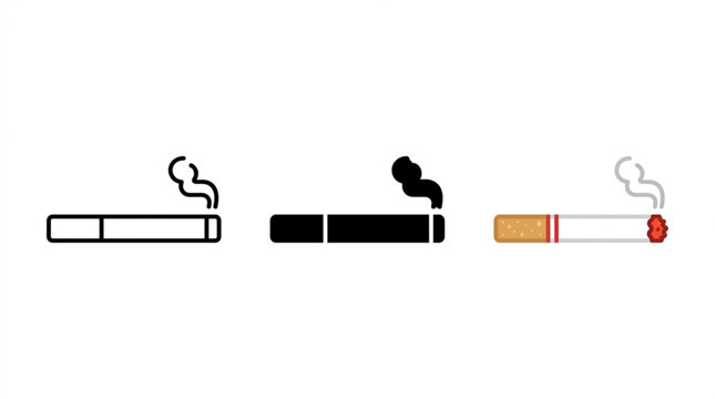 A flat black silhouette icon of a lit cigarette, solid black shape on a white background, thick black wisp of smoke, minimalist vector graphic, clean edges.