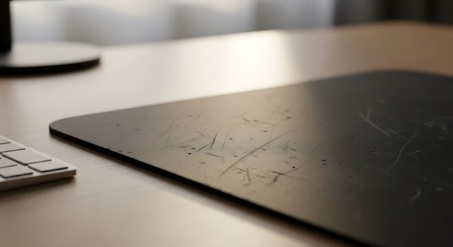 Modern desk with computer mousepad keyboard.
