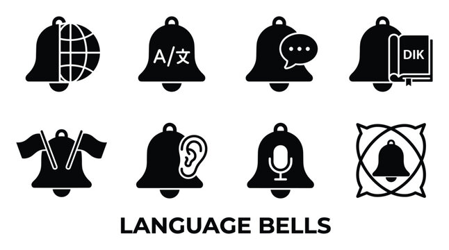 Language bells icon set solid vector style representing global communication translation multilingualism voice and text concepts.