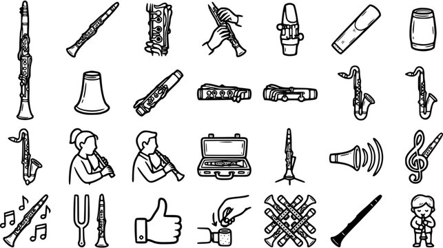 Black and White Line Art of Various Woodwind Musical Instruments and Accessories