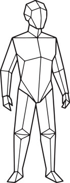 Abstract geometric human figure composed of sharp black lines standing in a simple minimalist white background style digital art illustration