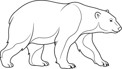 Fototapeta premium Simple black and white line art drawing of a majestic polar bear walking steadily across a clean plain white background