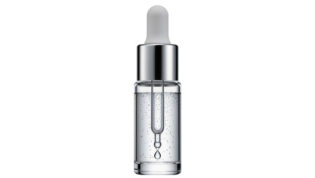 Glass dropper bottle with clear serum and bubbles