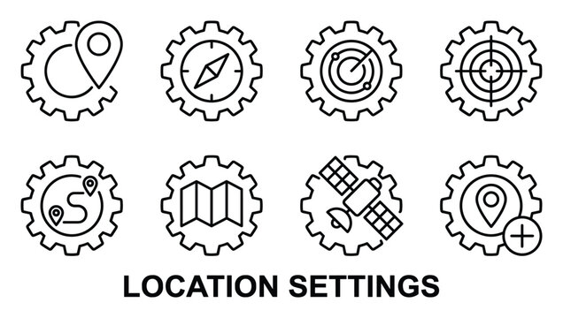 Location settings gear icons set vector graphics simple outline pin compass radar target map satellite.