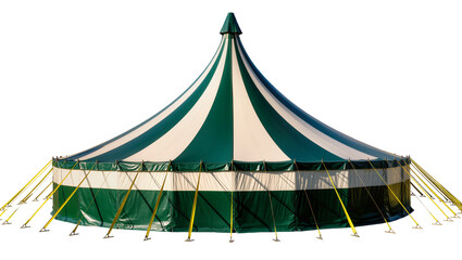 Green and white striped circus tent with yellow guy ropes © Ari