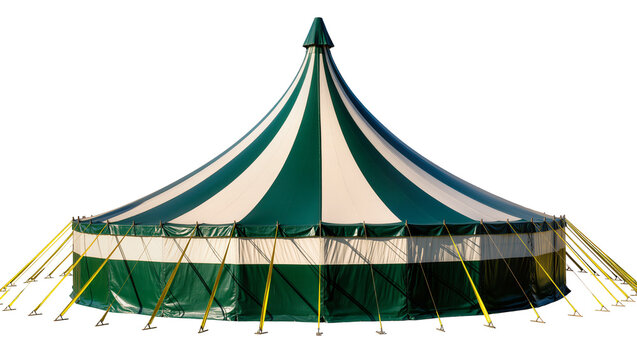 Green and white striped circus tent with yellow guy ropes
