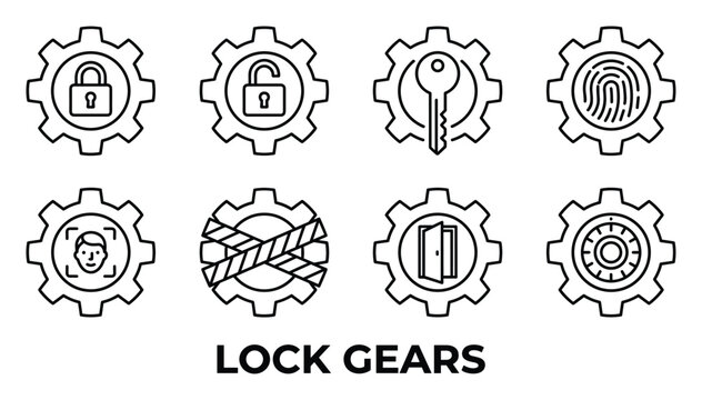 Lock gears icons set vector graphics padlock unlock key fingerprint face scanner barcode.