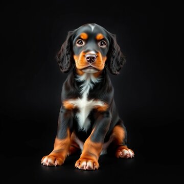 English Cocker Spaniel puppy posing cute playful sitting isolated black background, Black Background, English Cocker Spaniel