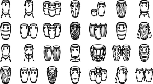 Black and White Line Art Icons of Conga Drums, Percussion Instruments