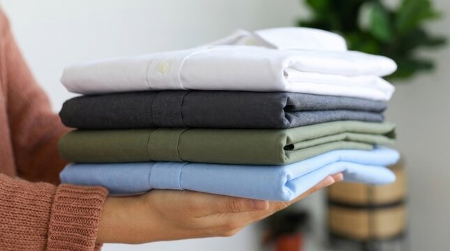 Hands holding a neat stack of folded colorful shirts, perfect for everyday wear.