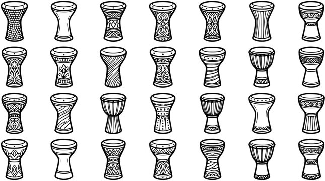 Black  White Line Art Collection of Traditional World Music Goblet Drums, Djembe, and Darbuka Percussion Instruments, Isolated Outline Icons