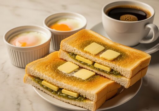 Breakfast set with kaya toast and soft boiled eggs