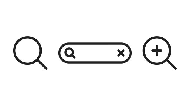 Web search bar icon set, magnifying glass lens, zoom in option button, digital interface lookup input vector