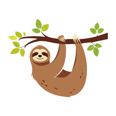 Obraz premium Cute sloth hanging from a tree branch with leaves