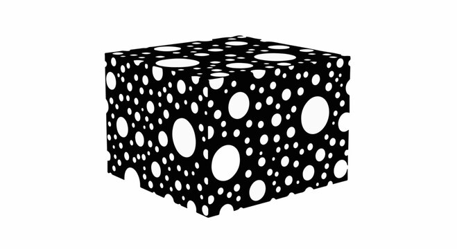 Abstract cube with repeating white circles on a black background, creating a mesmerizing optical illusion.