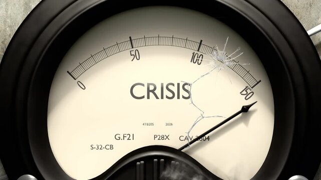 Crisis meter showing big levels of crisis. Dangerously increasing high values of crisis, critical overload. Too much, off the charts. Max crisis
