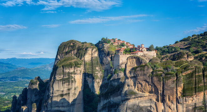 Amazing panoramic view with Varlaam Monastery and Monastery of Great Meteoron in the Meteora Valley near Kastraki, Greece